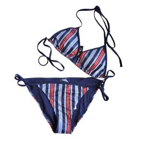 New ESMARA Womens Bikini Navy Blue Red‎ White Striped 2-piece String Tie NWT